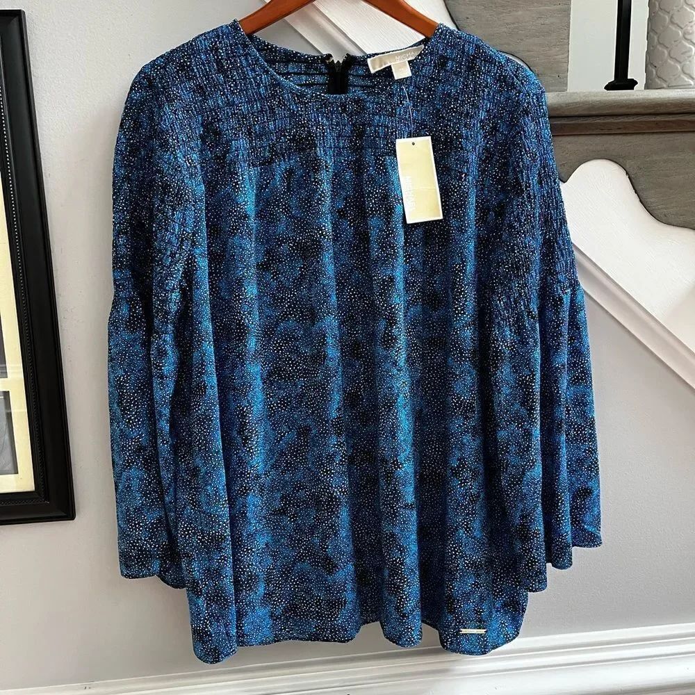 Michael Michael Kors Blue Smocked Abstract Dot Print Blouse sz XL NWT